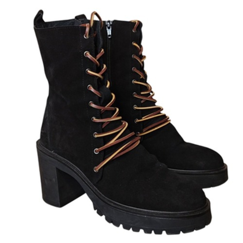Free People Boots Womens Size 7.5 38 Black Suede Lace Up Lug Sole Block Heel Zip